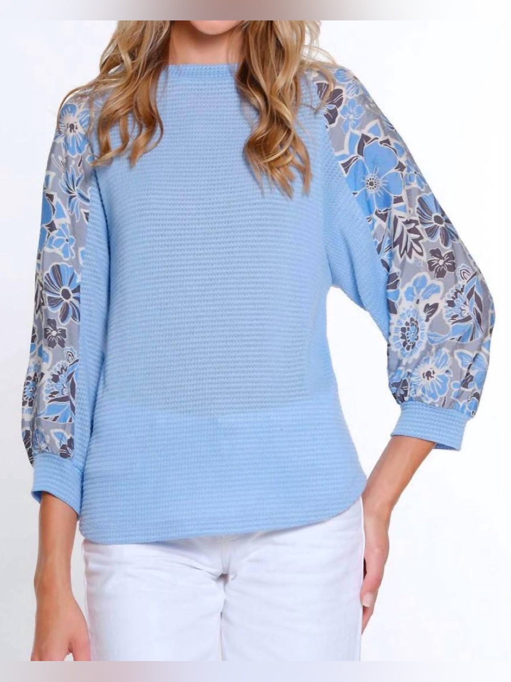 Multiples Cuffed Raglan 3/4 Sleeve Scoop Neck Top- Cornflower
